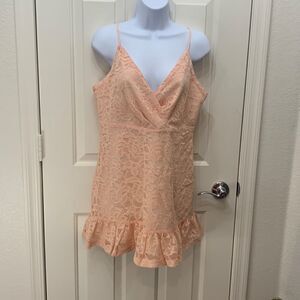 Forever 21 Tangerine Orange Large Floral Lace Woman’s Dress V Neck Short Sleeve